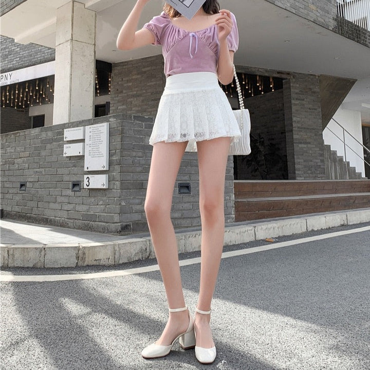 Lace Pleated Mini Skirt Pastel Kitten