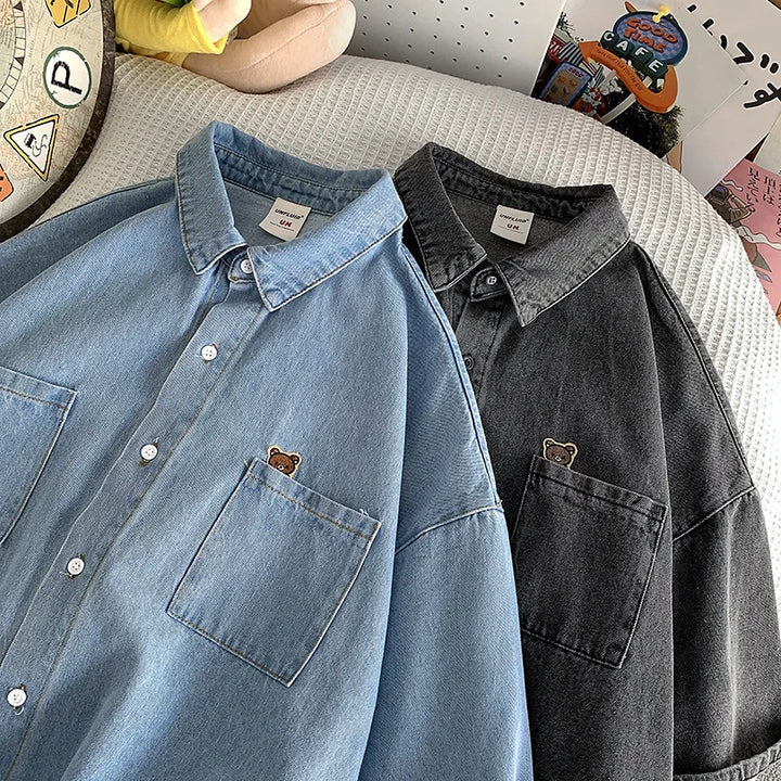 Cute Bear Korean Loose Denim Shirt Pastel Kitten