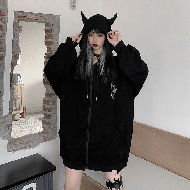 Gothic Devil Horns Zip Up Hoodie