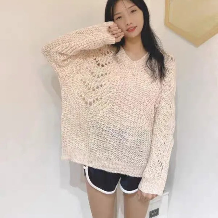 Hollow Out V-neck Pullover Pastel Kitten
