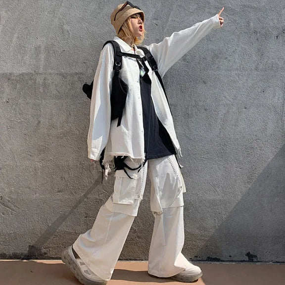 High Waist Letter Spliced Cargo Pants Women Loose Harajuku