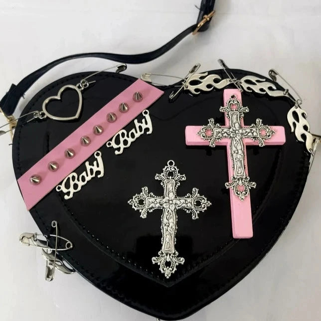 Punk Cross Heart-Shaped Shoulder Bag Pastel Kitten