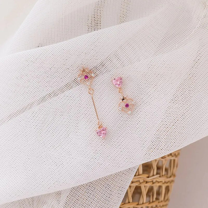 Korean Asymmetric Zircon Earrings Pastel Kitten