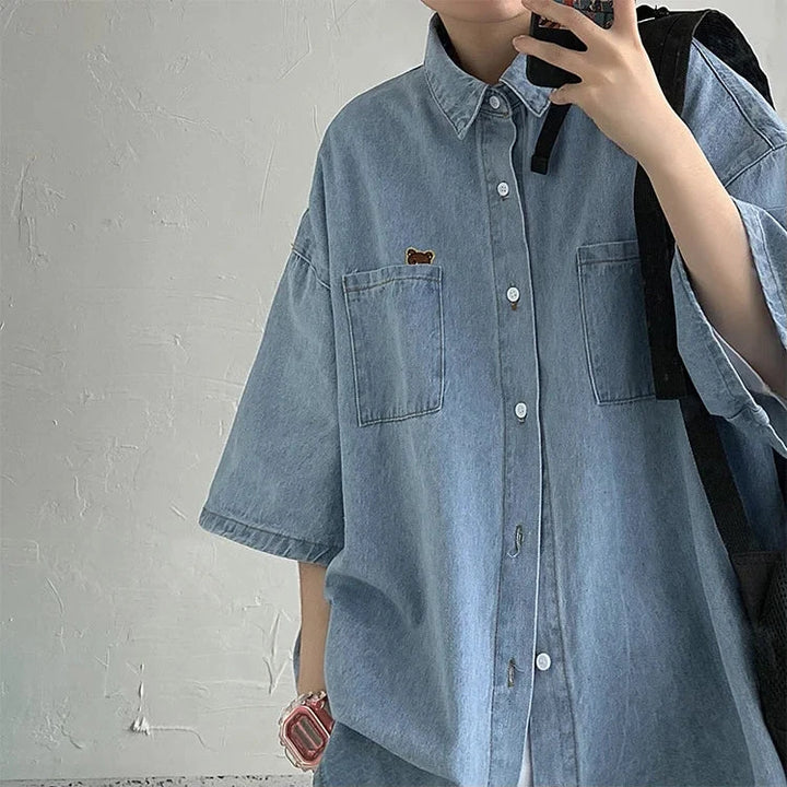 Cute Bear Korean Loose Denim Shirt Pastel Kitten