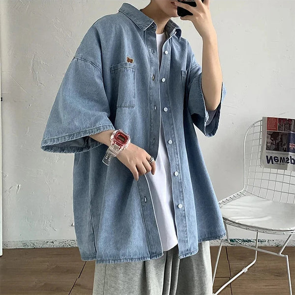 Cute Bear Korean Loose Denim Shirt Pastel Kitten