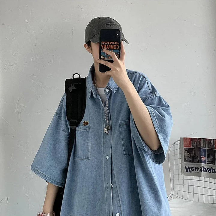 Cute Bear Korean Loose Denim Shirt Pastel Kitten