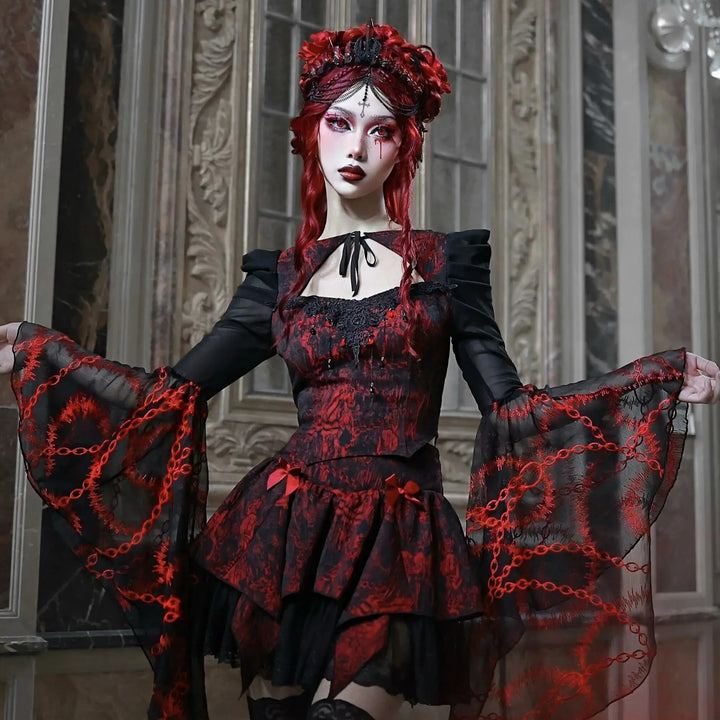 Red Gothic Outfit Set - Blouse & Skirt Pastel Kitten