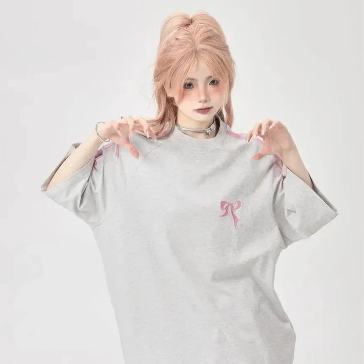 Cute Bow Loose T-Shirt Pastel Kitten