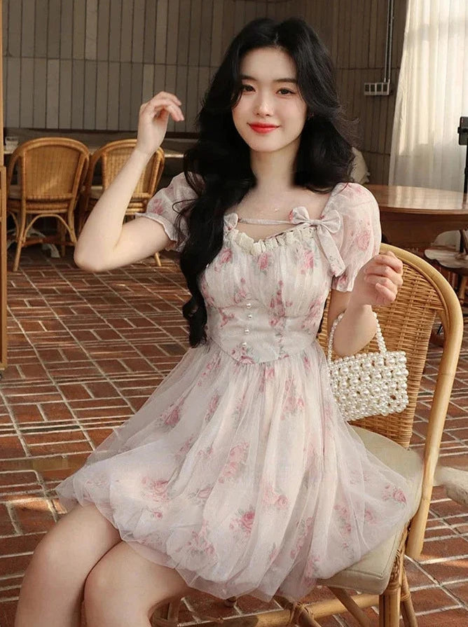 Cute Korean Floral Mini Dress Pastel Kitten