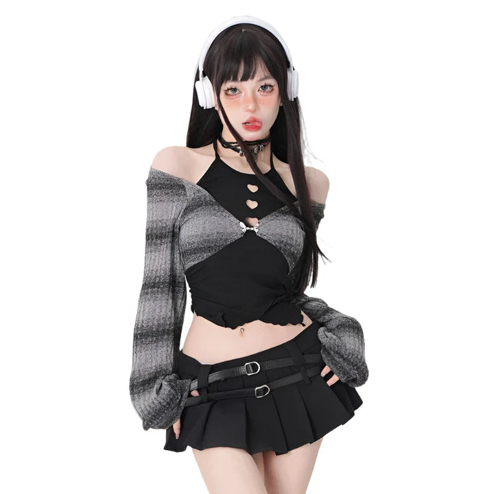 Y2K Kawaii Outfit Set - Short Skirt & Cardigan Pastel Kitten