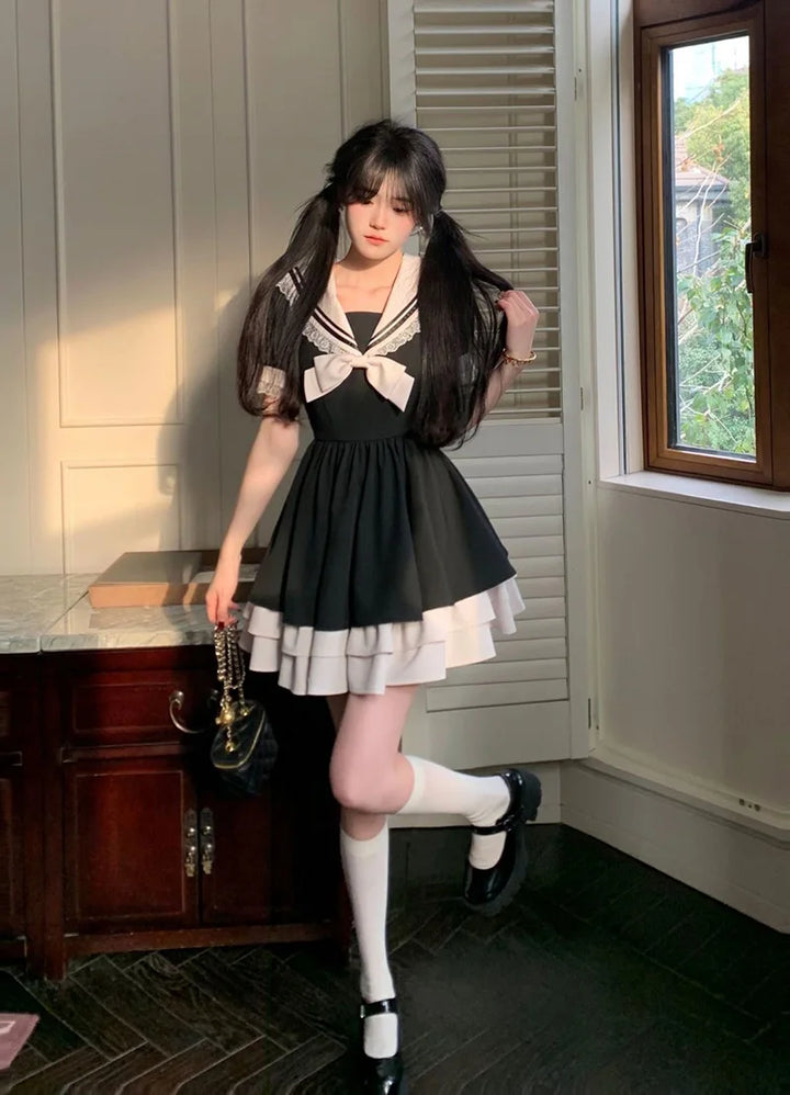 Cute Lolita Puffy Sailor Dress Pastel Kitten