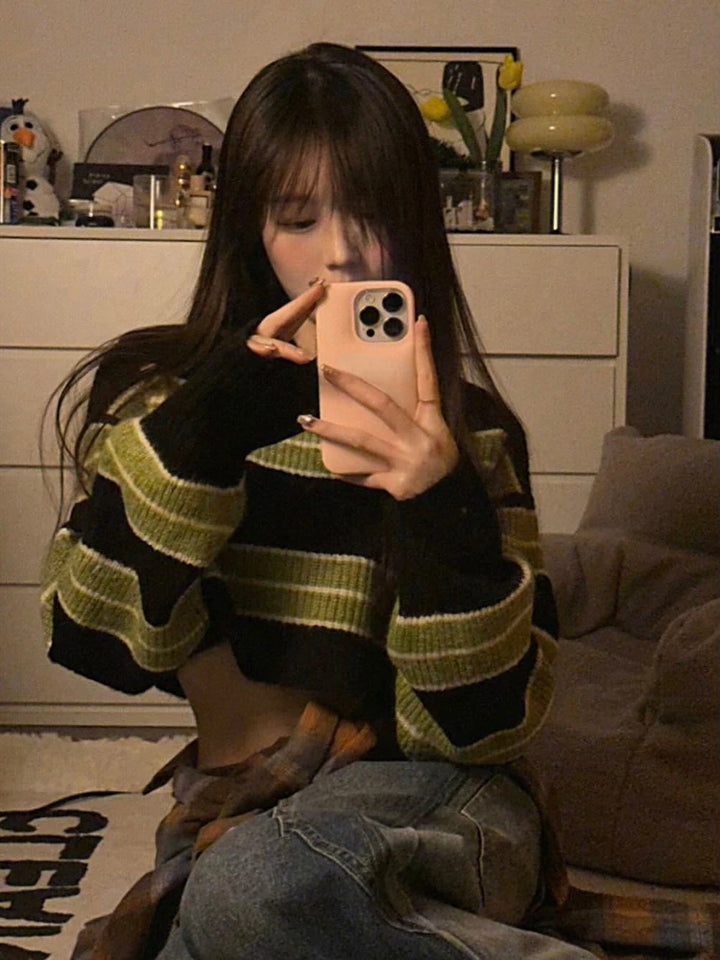 Grunge Striped Cropped Loose Sweater Pastel Kitten