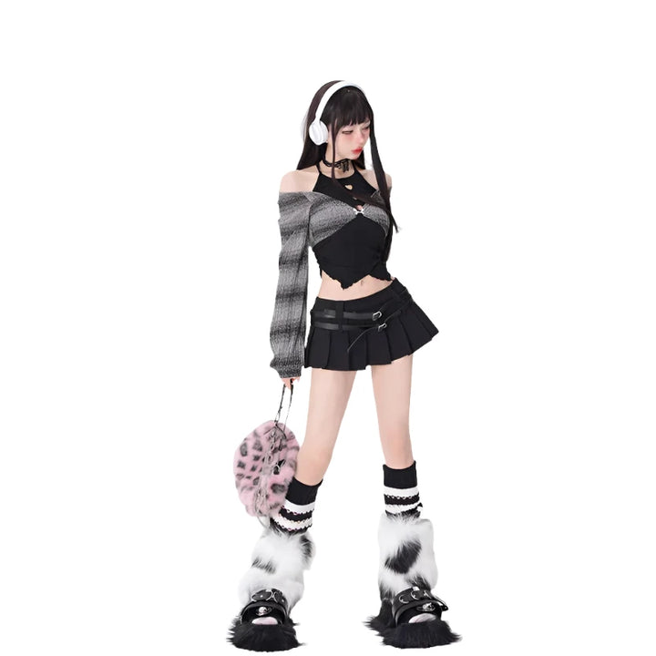 Y2K Kawaii Outfit Set - Short Skirt & Cardigan Pastel Kitten