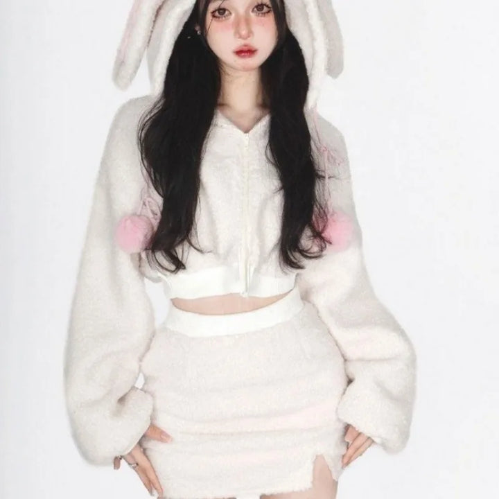 Kawaii Fluffy Rabbit Outfit Set - Hoodie & Skirt Pastel Kitten