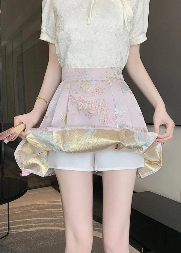 Cute Chinese Style Embroidered Skirt Pastel Kitten