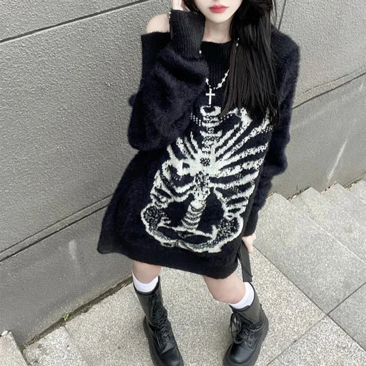 Y2K Gothic Off-Shoulder Sweater Pastel Kitten