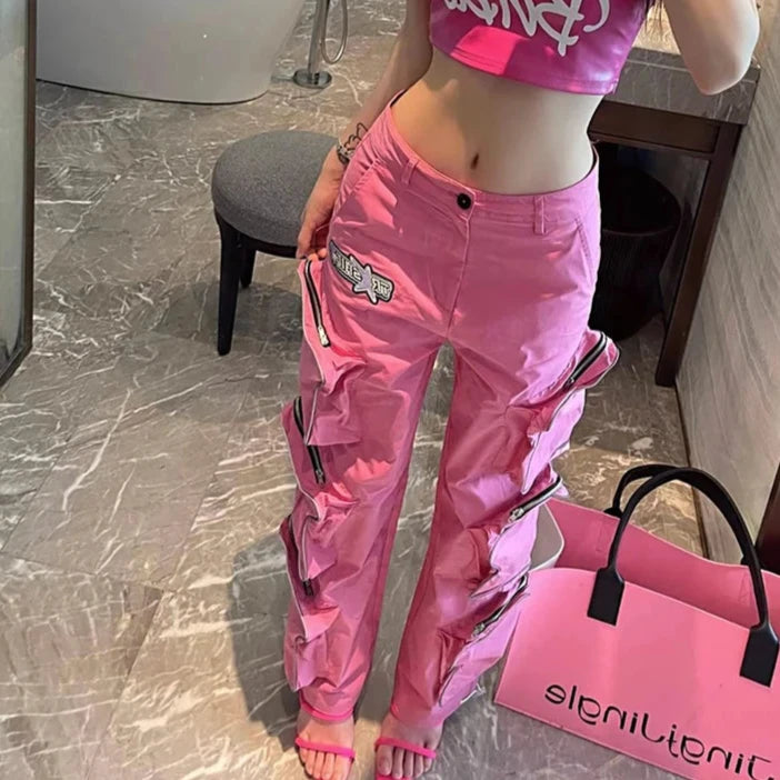 Harajuku Loose Cargo Pants Pastel Kitten