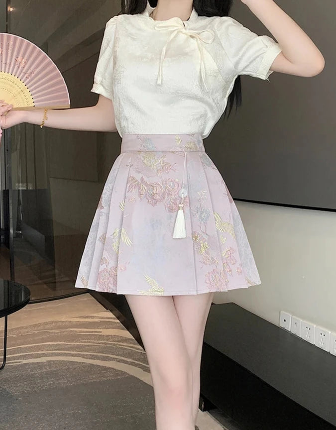 Cute Chinese Style Embroidered Skirt Pastel Kitten