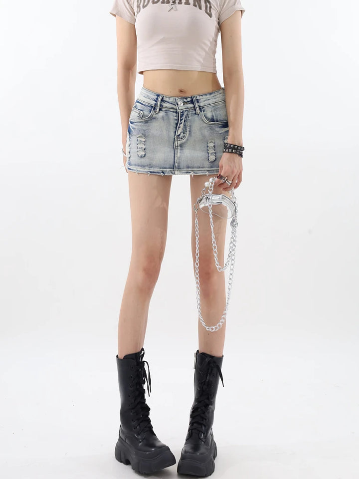 Y2K Ripped Denim Mini Skirt Pastel Kitten