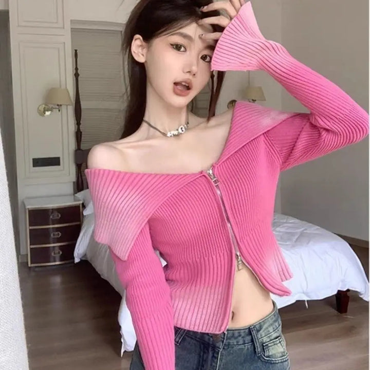 Y2K Off-Shoulder ZIpper Cardigan Pastel Kitten