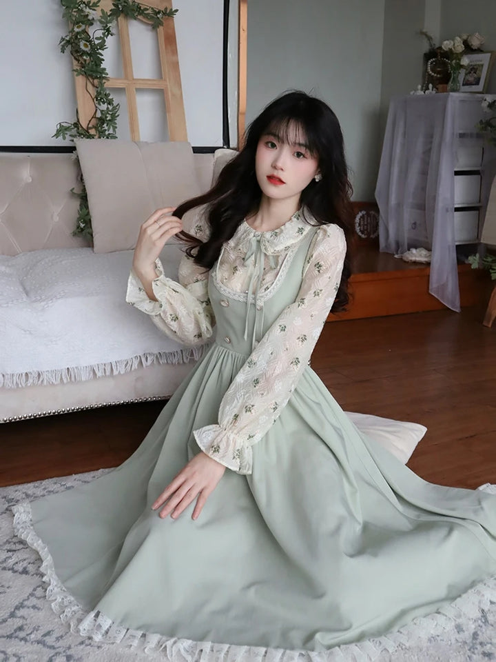 Elegant Vintage Outfit Set - Dress & Blouse Pastel Kitten