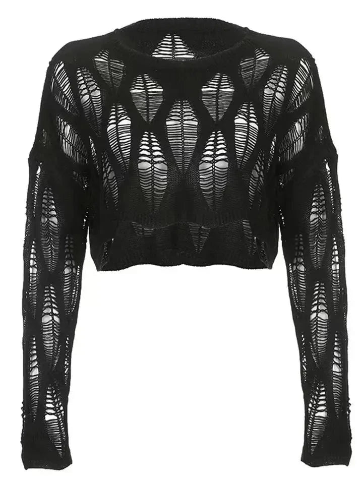 Perforated Hollow Out Knitted Blouse Sunscreen Long Sleeve Top Gothic Dark Black Sexy Thin Sweater Women's Summer Chic Crop Tops Pastel Kitten