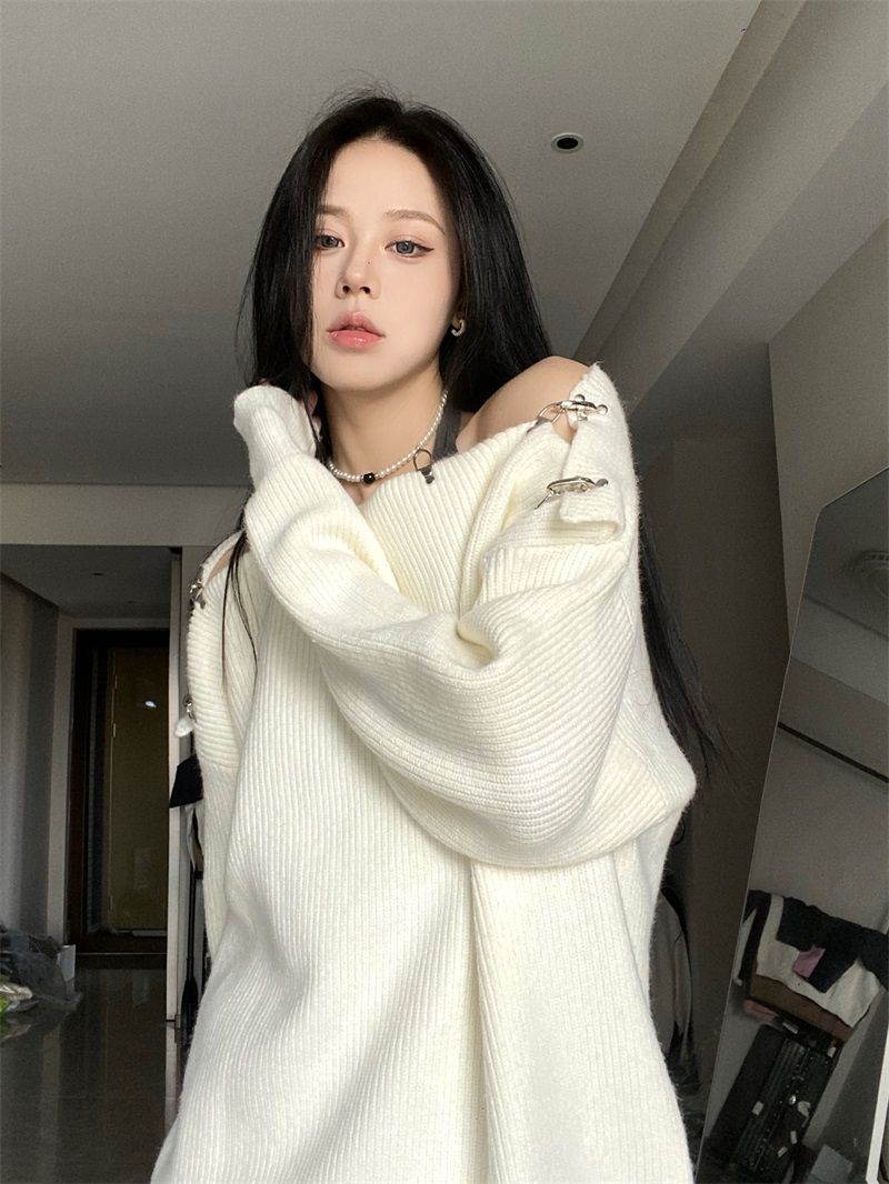 Off Shoulder Korean Y2K Sweater - Pastel Kitten