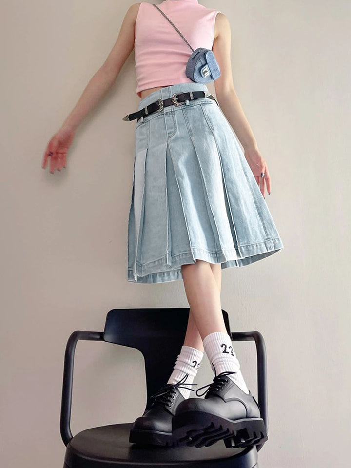 Knee-length Denim Skirt Pastel Kitten