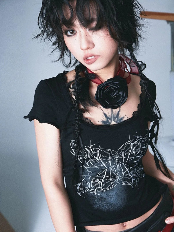 Y2K Grunge Lace T-Shirt Pastel Kitten