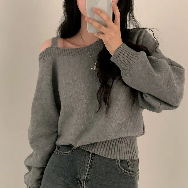 Korean Women's Off Shoulder Strap Knitwear Sweater New Design Diagonal Shoulder Short Top Elegant Sexy Bat Sleeve Sweater свитер Pastel Kitten