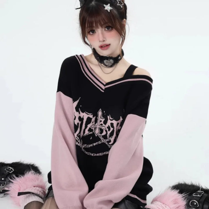 V-neck Harajuku Gothic Sweater Pastel Kitten
