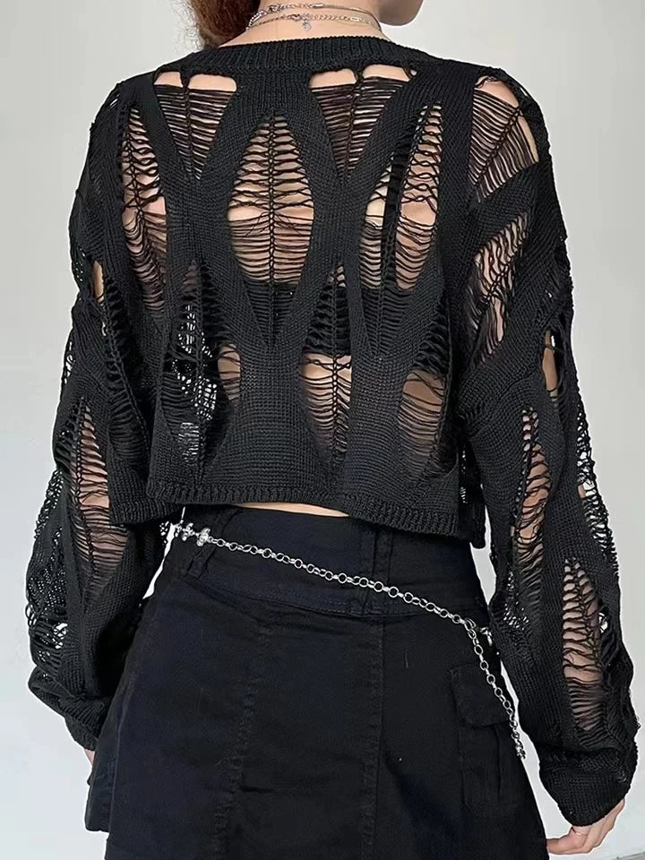 Perforated Hollow Out Knitted Blouse Sunscreen Long Sleeve Top Gothic Dark Black Sexy Thin Sweater Women's Summer Chic Crop Tops Pastel Kitten