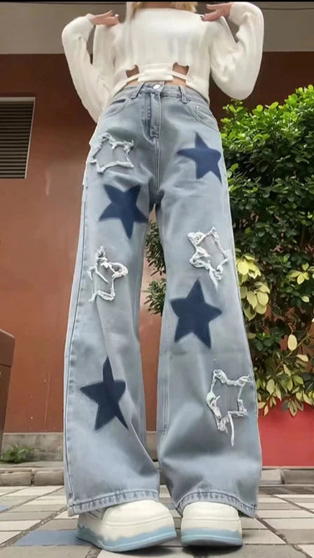 Y2K Baggy Blue Star Jeans Pastel Kitten