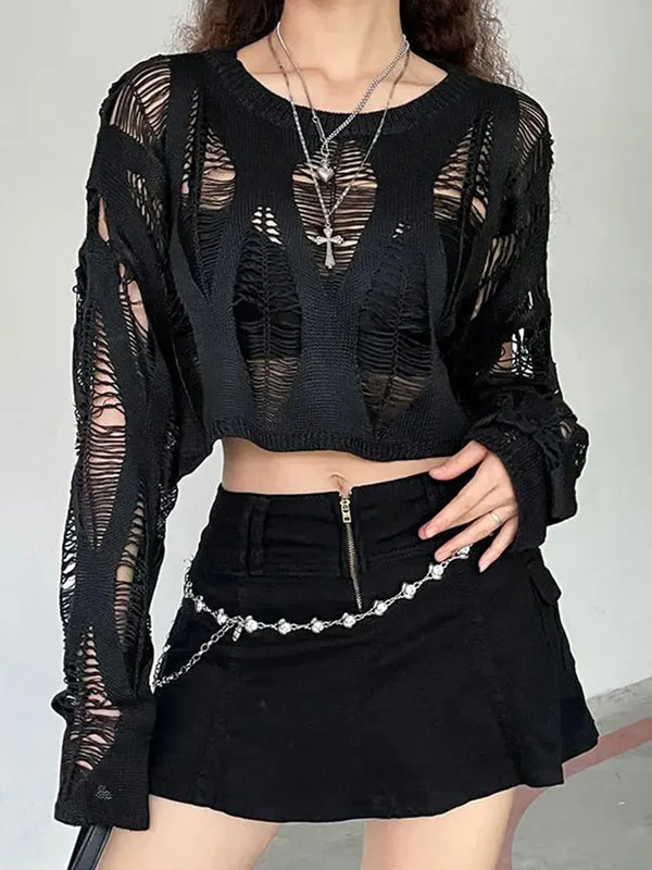 Perforated Hollow Out Knitted Blouse Sunscreen Long Sleeve Top Gothic Dark Black Sexy Thin Sweater Women's Summer Chic Crop Tops Pastel Kitten