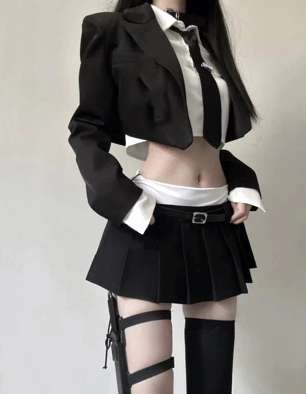 Korean Slim Office Outfit Set - Blazer, Shirt & Mini Skirt Pastel Kitten