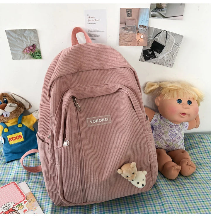 Cute Corduroy School Backpack Pastel Kitten