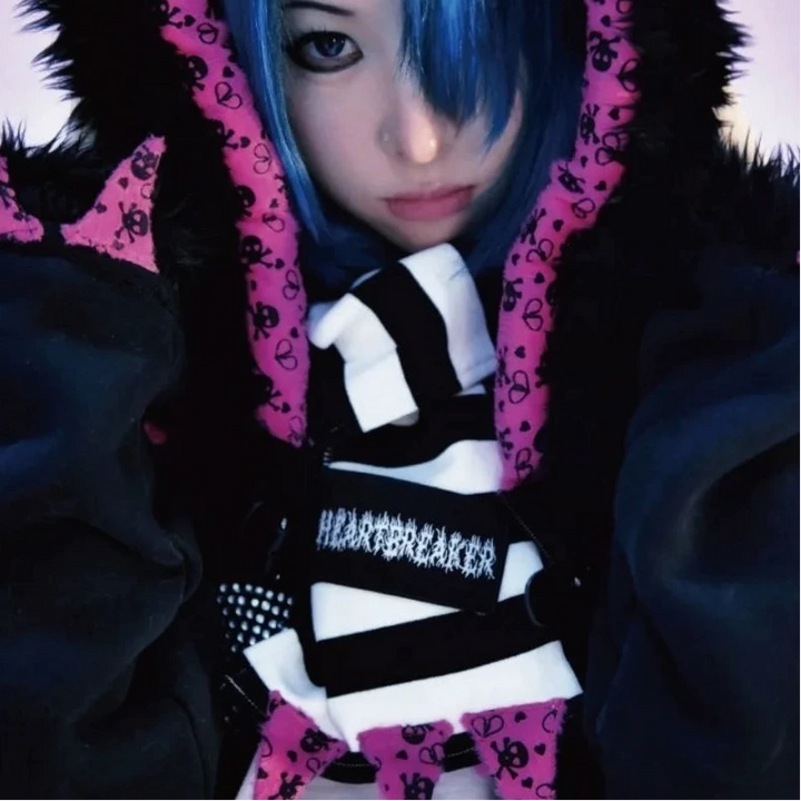 Y2K Oversized Emo Zip Hoodie Pastel Kitten