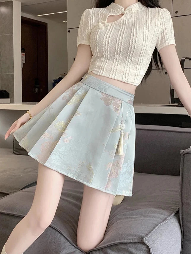 Cute Chinese Style Embroidered Skirt Pastel Kitten