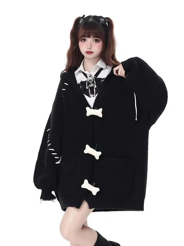 Deeptown Y2K Harajuku Black Oversized Cardigan Women Grunge Kpop Gray Knitted Sweater Autumn Winter Hooded Knitweat Tops Jackets Pastel Kitten