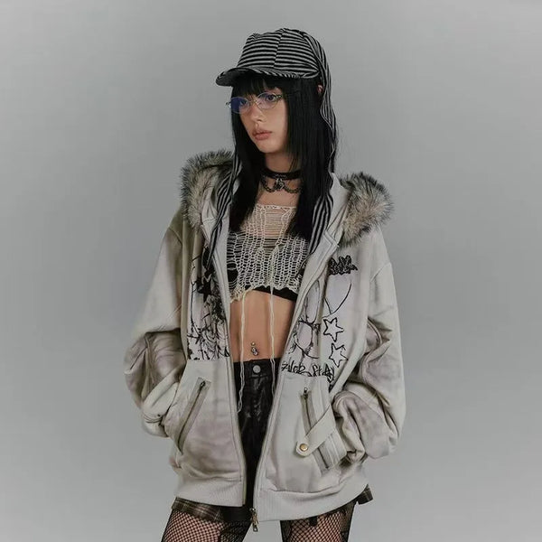 Harajuku Vintage Zip Hoodie Pastel Kitten