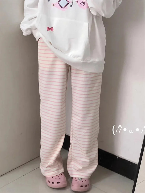 QWEEK Japanese Y2K Striped Sweatpants Women Harajuku Kawaii Sweet Fleece Sports Pants Korean Fashion Cute Girly Basic Trousers Pastel Kitten