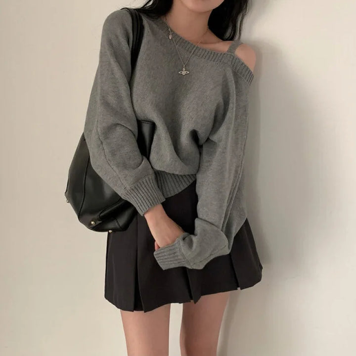 Korean Women's Off Shoulder Strap Knitwear Sweater New Design Diagonal Shoulder Short Top Elegant Sexy Bat Sleeve Sweater свитер Pastel Kitten