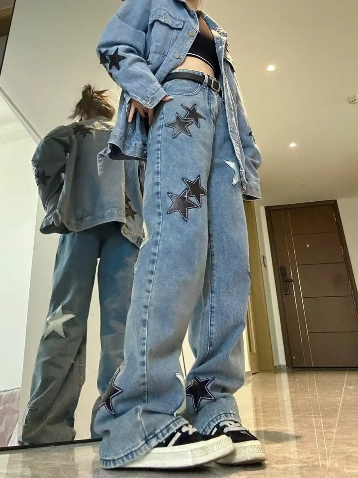 Korean Star Print Jeans Pastel Kitten