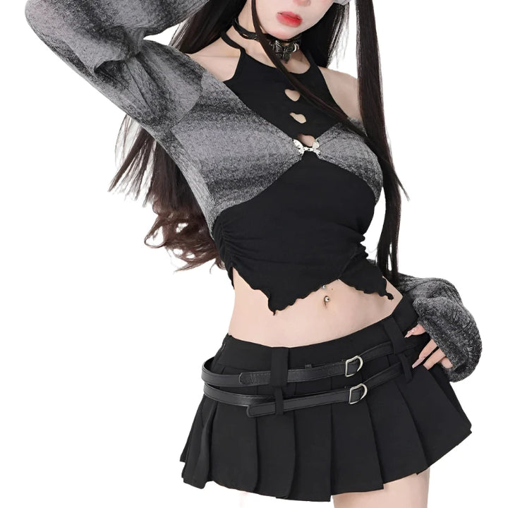 Y2K Kawaii Outfit Set - Short Skirt & Cardigan Pastel Kitten