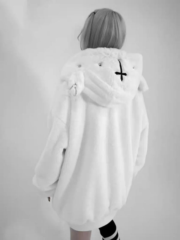 Lautaro Autumn Winter Oversized Sweet Warm Thick Soft Faux Fur Hoodie Women with Bear Ears Harajuku Punk Style Fluffy Jacket Pastel Kitten