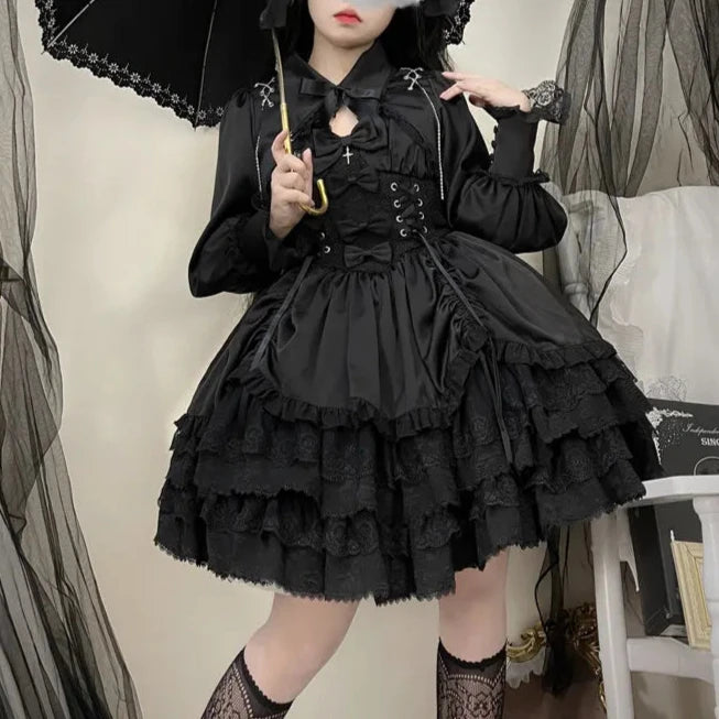 Vintage Gothic Lolita Dress Women Victorian Punk Slim Bandage Princess Party Dresses Girls Cute Metal Cross Bow Evening Dress Pastel Kitten