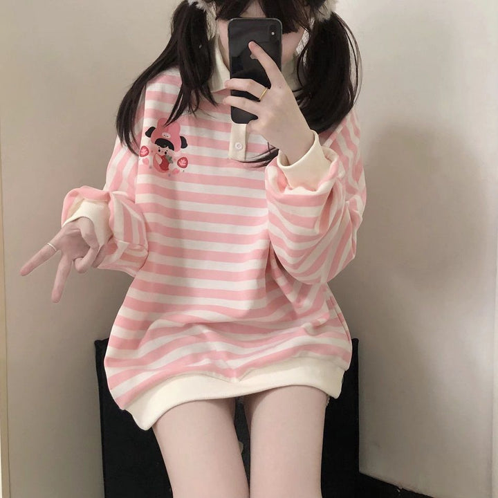 Japanese Striped Kawaii Sweatshirt Pastel Kitten