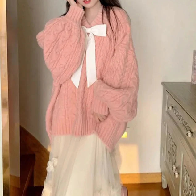 Pink Kawaii Oversize Knitwear Sweaters Women Sweet Cute Big Bow Pullovers Autumn Winter Keep Warm Lantern Sleeve V-Neck Sweater Pastel Kitten