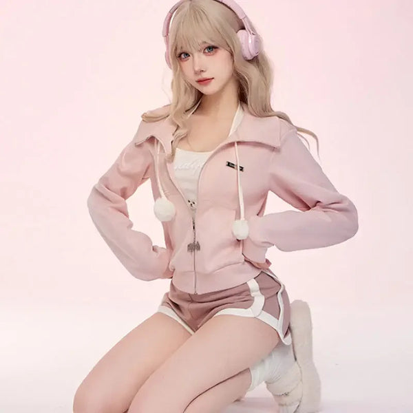 Warm Kawaii Outfit Set - Hooded Coat & Shorts Pastel Kitten