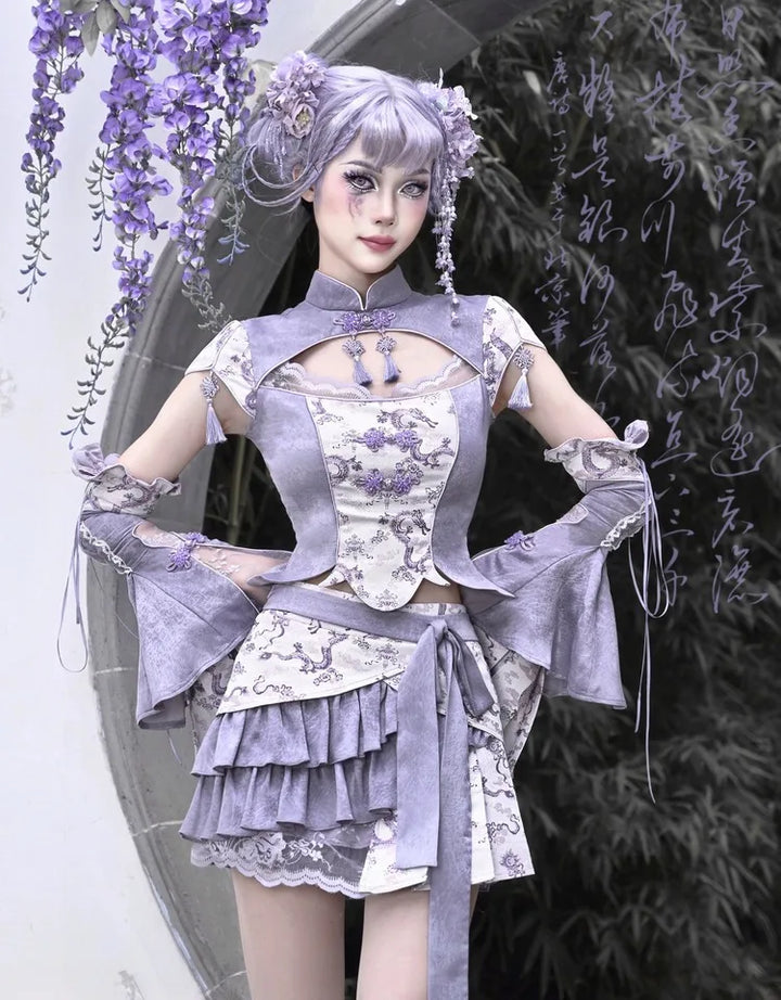 Chinese Style Party Outfit Set - Top & Sleeves Pastel Kitten